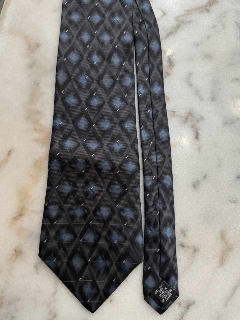 Bill Blass Black Label Black NeckTie w Blue Geometric Accents - 100% Silk